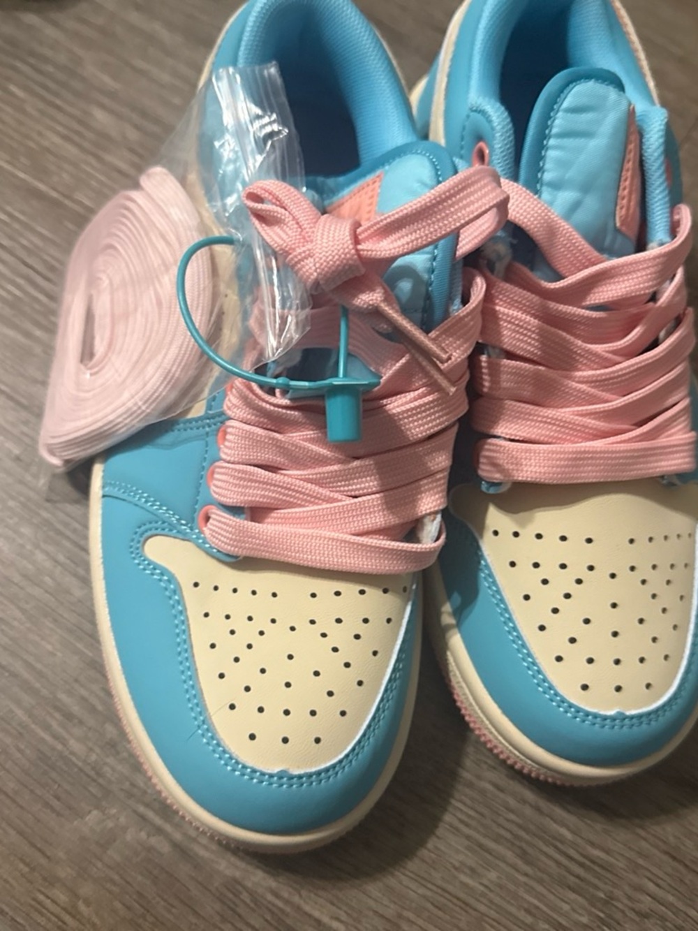 Kids Blue and Cream Sneakers with Pink Laces